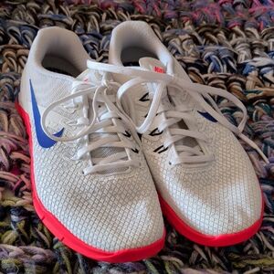Nike White and Red Athletic Shoes with Blue Swoosh